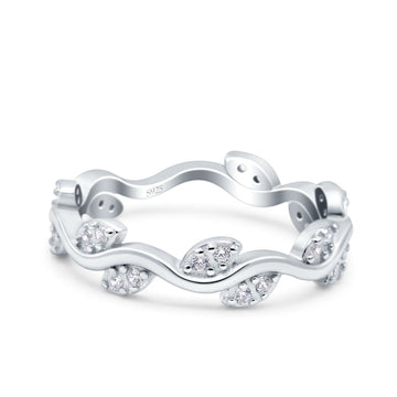 Leaf Eternity Ring Engagement Band Round Pave Simulated CZ 925 Sterling Silver (5mm)